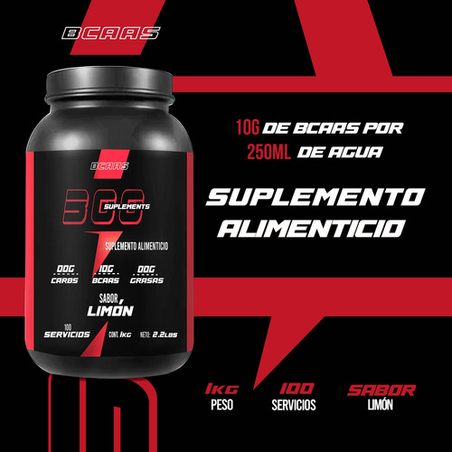 Aminoácidos Bcaas 300 Suplements 1 Kg Sabores 100 Servicios Limón