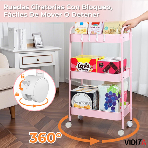 Carrito Organizador Metal 3 Niveles Ruedas Bloqueables Rosa Rosa