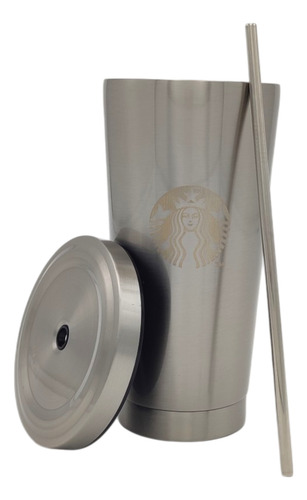 Vaso Liso De Metal De 600 Ml Con Tapa Y Popote Color Plata (clicuc)