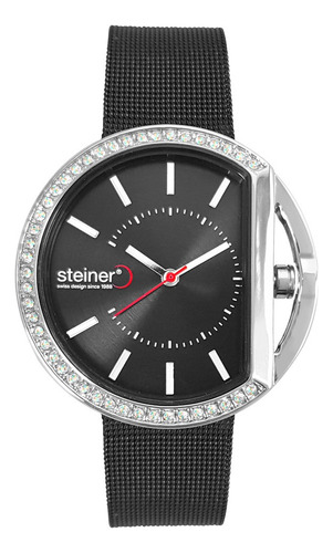 Reloj Steiner Análogo Extensible Malla Acero Inoxidable 3atm Correa Negro Bisel Plateado Fondo Negro