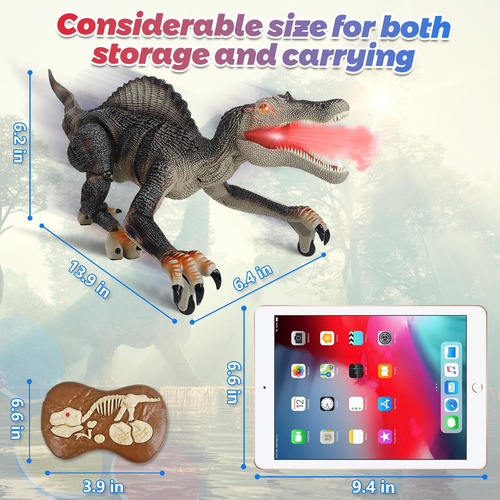 Dinosaurio Con Control Remoto Recargable Luz Y Sonido Caqui Dinosaurio Caqui