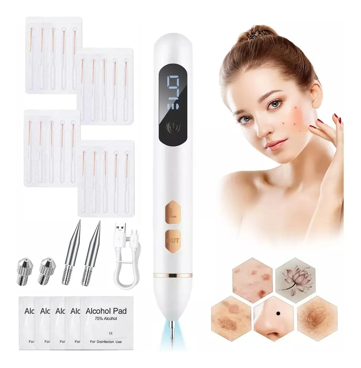 Tensky Pluma Quita Verrugas 9 Niveles USB Con Display Digital agujas intercambiables 100% seguro y sin efectos secundarios Tecnología de Plasma plumas Removedoras de Manchas