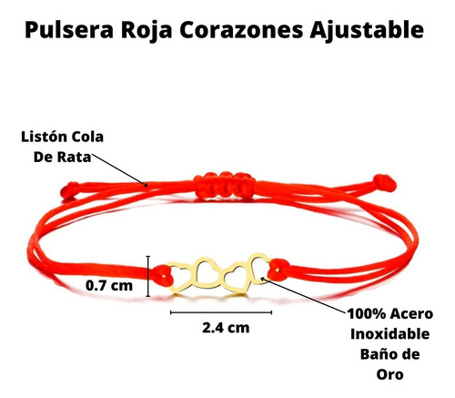 Imagen 3 de 5 de Pulsera Roja Protección Corazones Ajustable Acero Dorado