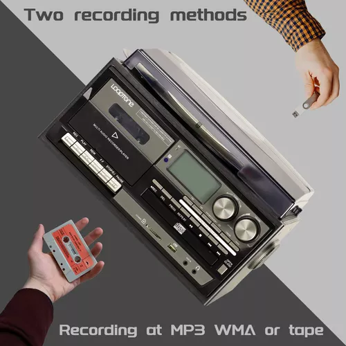 LoopTone Reproductor de discos de vinilo 9 en 1 3 velocidades Bluetooth  Vintage tocadiscos reproductor de casete de CD Radio AM/FM Grabadora USB