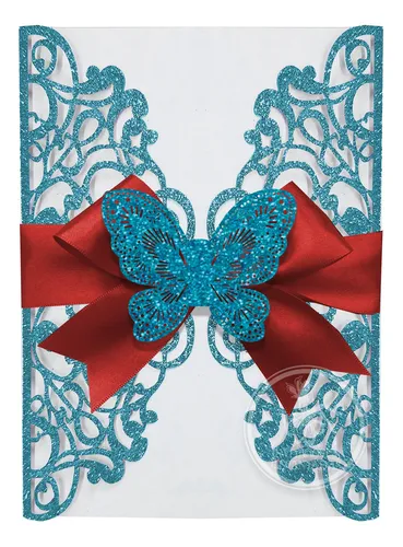 comprar 10 Invitaciones Sobre Corte Laser Gf-335 Glitter + Mariposa