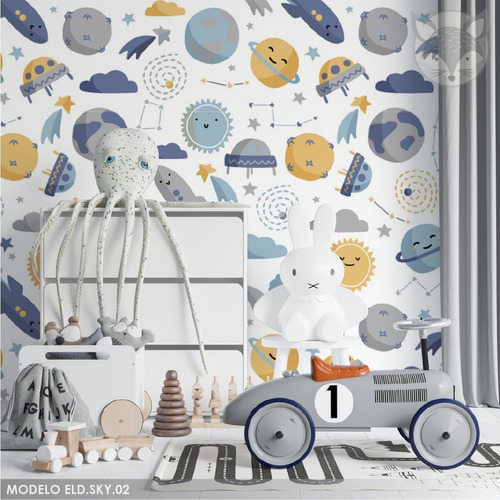 Papel Vinilo Para Pared Infantil Cielo Nubes Espacio 1a5