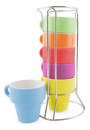 Jogo De Canecas 50ml Cerâmica 6 Suporte Inox Café Chá Cor Coloridas Liso
