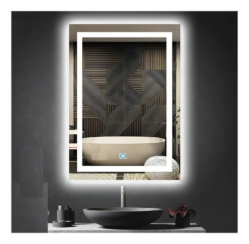 Espelho Jateado Iluminado Com Led E Touch Screen 80x50cm Moldura Branco Quente 3000k Na Horizontal