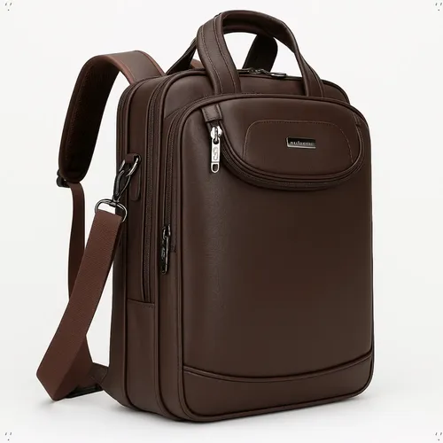 Mochila de couro marrom com alça e múltiplos zíperes