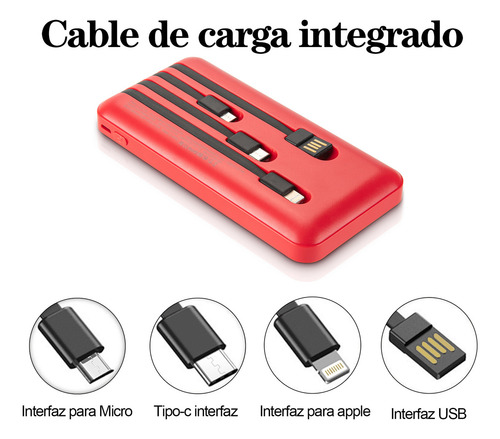 Batería Portátil Power Bank 10000mah 4 Cables Carga Rápida Rojo