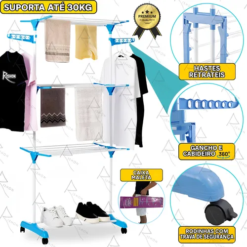 Varal De Chão Inox Grande De Roupas 3 Andares Dobrável Cor Azul Rishon 175 Cm