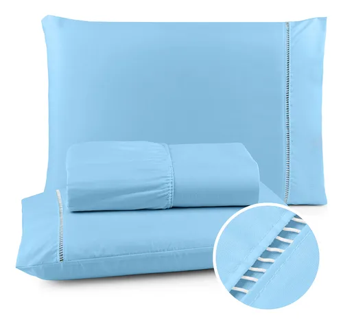 Jogo De Lençol Queen 3 Peças 400 Fios C/ Elástico Hotel Azul-clar...