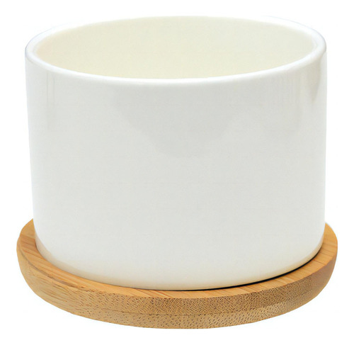 Vasinho Cachepot Branco Com Prato De Bambu