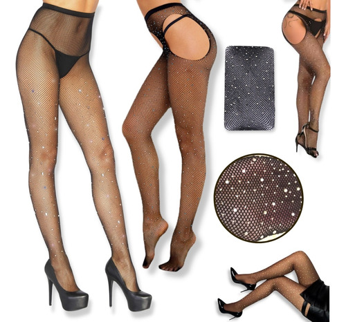 Medias Panty De Red Negro Con Brillo Strass Mujer Fiesta