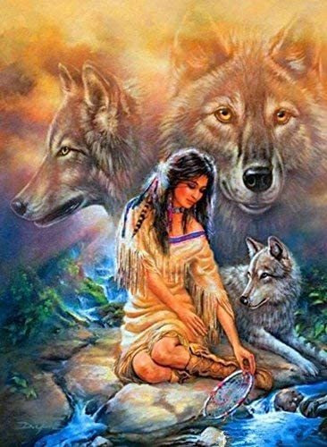 Kit De Pintura Con Diamantes 5d Mujer Nativa Y Lobos 40x5