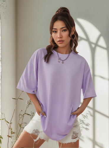 Playera Mujer Oversize Manga Corta Camiseta De Color Sólido