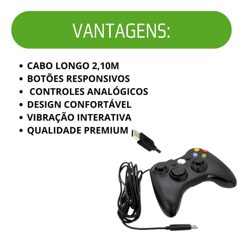 Controle Usb Com Fio Para Xbox 360 Computador Ps3 Gamepass Preto