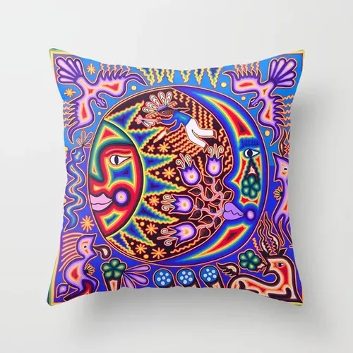 V Juego 7 Fundas Arte Huichol Mexicano Cojín Lino Premium