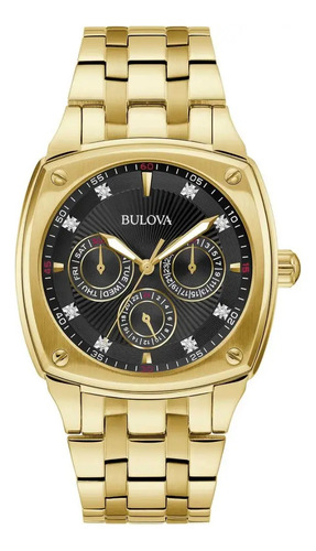 Reloj Bulova Hombre 97d138 Time Square Correa Dorado Bisel Dorado Fondo Negro