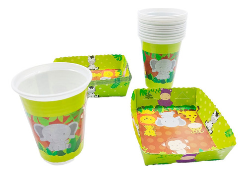 Kit 12 Vasos 12 Platos Decorativos Animales Selva