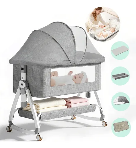 Berco Bebe Portatil Retratil Acoplado Moise Balanço Infantil Bebê Berço Cinza