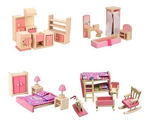 Set Miniatura 4 Estaciones De Muebles Casa Muñeca Madera 