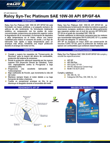 Aceite Motor Sintético Raloy Syntec Platinum 10w30 Sp Gf6 3l