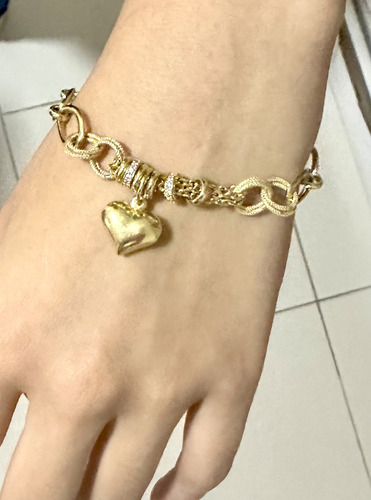 8030 Pulseira Varios Elos E Diamantes Pingente Coração