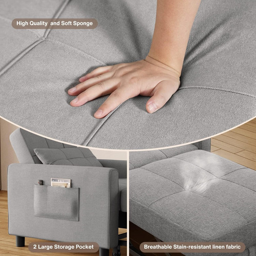 Sofá Cama Multifuncional 3 En 1; Lino Gris Claro; Noelse