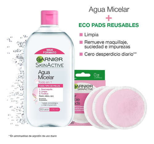 Agua Micelar Todo En 1 Garnier Skin Active 700ml + Eco Pads