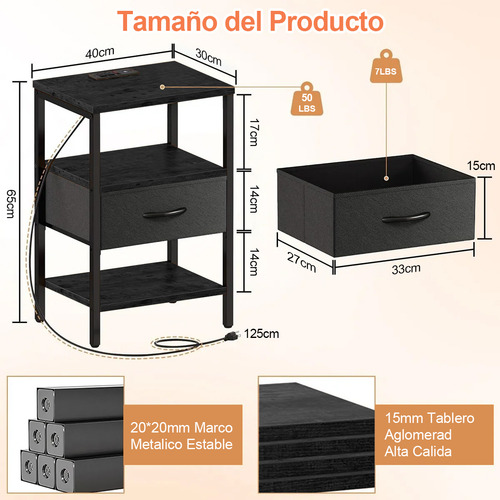 Buró,Mesita de noche multifuncional con Estación de Carga, 3 Niveles de Almacenamiento, 1 Cajones, Puertos 2USB y 2Tomas de Corriente - Buró Multifuncional para Dormitorio y Sala de Estar