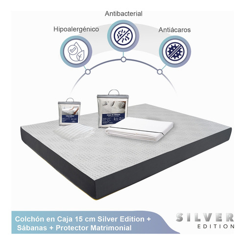 Colchón Matrimonial En Caja 15cm + Sábanas + Protector Blanco Con Gris