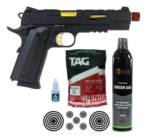 comprar Pistola Redwings 1911 Gold Híbrida Green Gás 6mm Airsoft