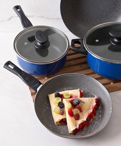 Batería De Cocina 6 Pzas Azul Con Antiadherente Roca Cinsa
