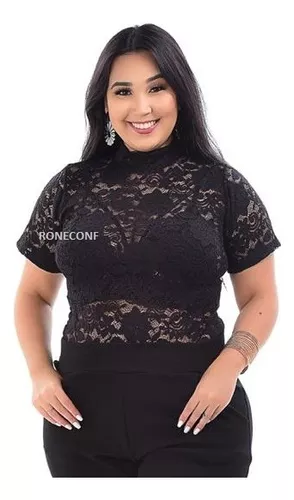 Cropped blusa plus size renda alça com bojo festa elegante blusinha