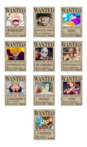 Pósters One Piece Wanted Actual Combo De 10 Personajes