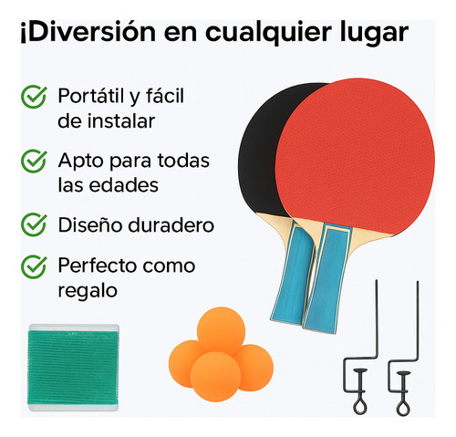 Set De Ping Pong 2 Raquetas + Red Y 3 Pelotas Tenis De Mesa Negra / Roja An (anatómico)