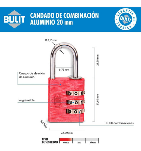 Candado Bulit De Aleación Con Combinación 20mm - Para Locker