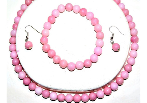 Set Piedra Jade Collar Pulsera Arete 8 Mm Rosa Palido  1002