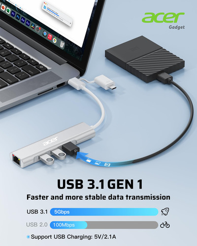 Adaptador Usb C A Ethernet Hub 4 En 1 3 Usb-a 3.1 Para Acer