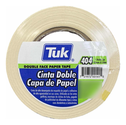 Cinta Doble Capa De Papel Tuk 404 Artes Gráficas 12mm X 33m