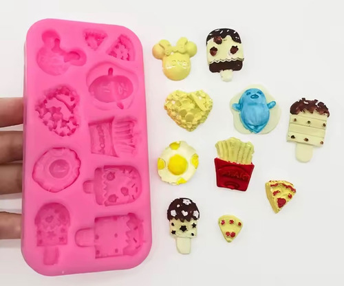 Molde Silicona Mini Comida Huevo P.fritas Pizza Helado Rosa