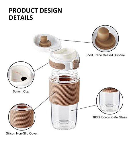 Tkk Glass Travel Coffee Mug Con Lid 15 Oz Leak Proof Zbd19