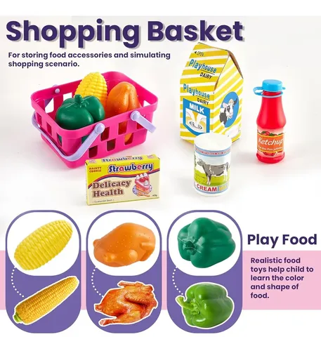 Caja Registradora De Juguete Con Micrófono, Escáner, Calculadora, Cesta Y Comida De Juguete, Sonidos Y Luces, Regalo Para Niños Y Niñas De 3 Años En Adelante, Aprendizaje De Inglés