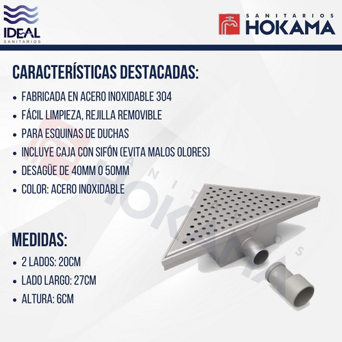 Imagen 3 de 10 de Rejilla Baño Ducha Triangular Esquina Acero Inox Esquinera