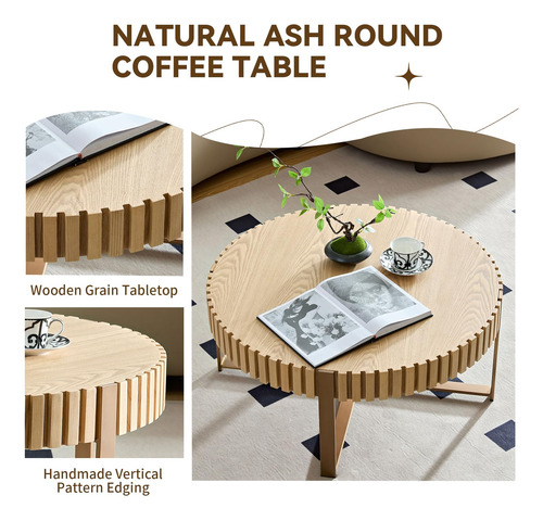 Mesa De Centro Redonda 80 Cm Madera Maciza Patas Acero Inoxi