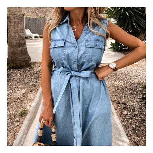 Vestido Vaquero Sin Mangas De Una De Botones For Mujer