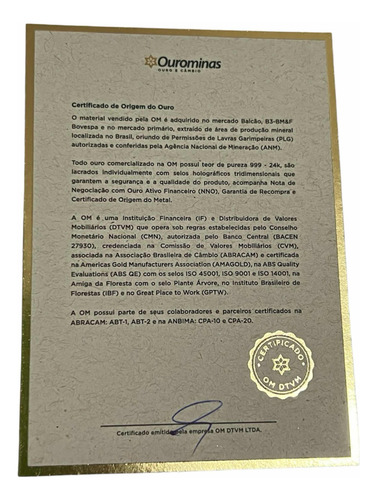 Barra De Ouro 1g - 999% 24k Com Certificado De Garantia!