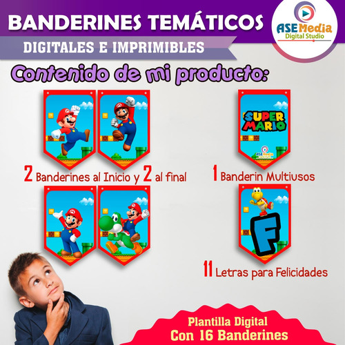 Banderín Mario Bros Letrero Banner Cumpleaños Imprimible Pdf