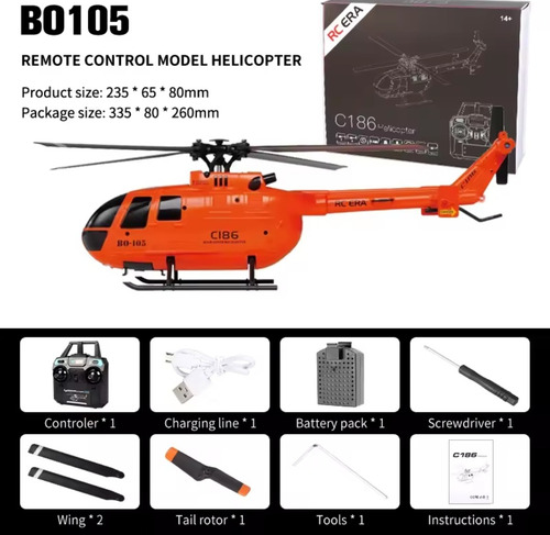 Helicoptero A Escala Rc C186 4 Canales 2.4ghz Control Remoto Naranja